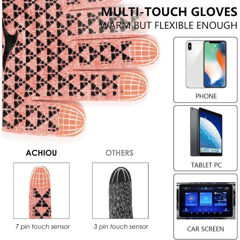 Women's Pink White Upgraded Touch Screen Thermal Soft Knit Lining Winter Gloves